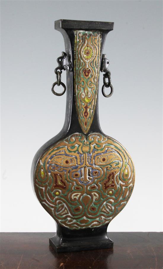 A Japanese bronze and champleve enamel profile vase, 34.5cm